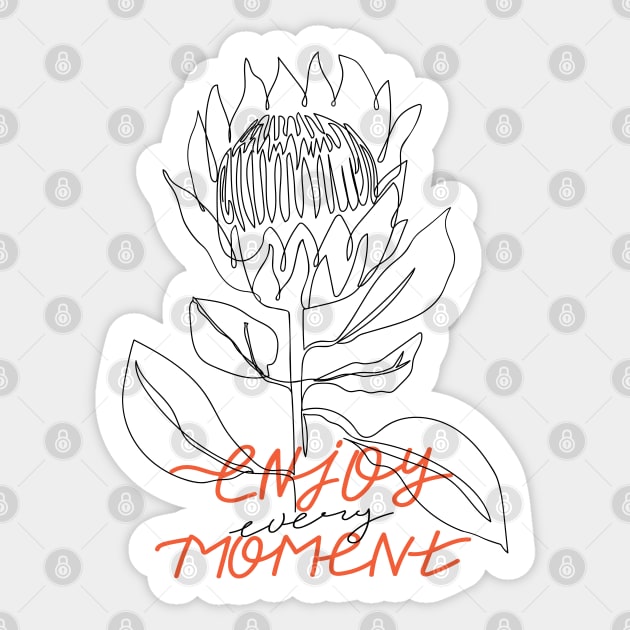 One line protea flower. Fashion typography slogan "Enjoy every moment because life is so beautiful" sign. Sticker by CoCoArt-Ua